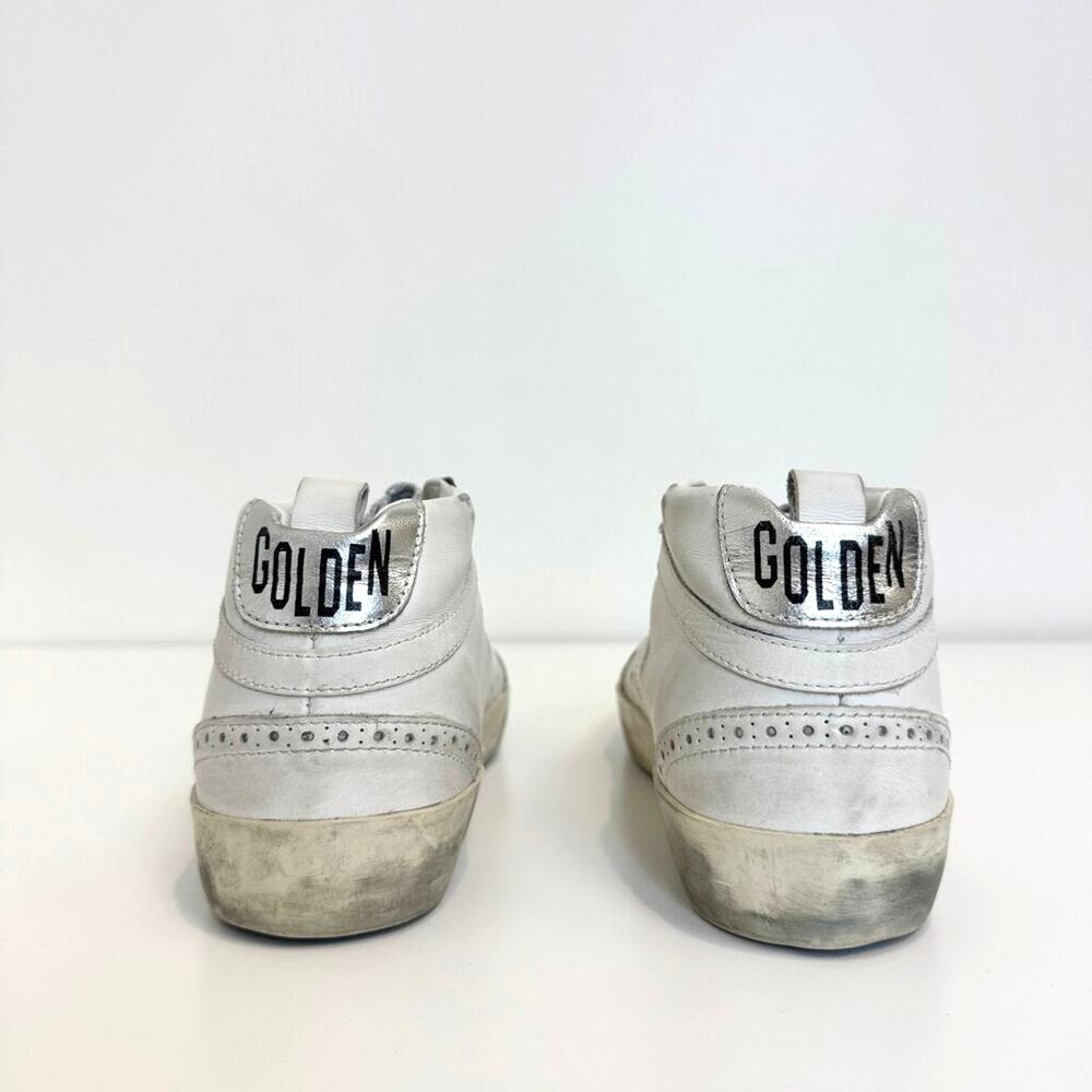 Golden Goose Mid Star White Leather Silver Glitter Lace Sneakers 38 Wingtip Shoe - Picture 4 of 6